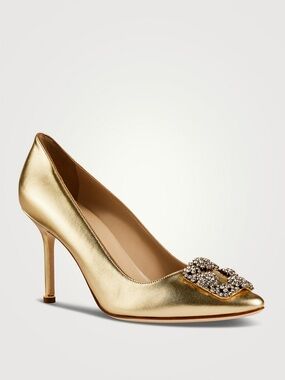 Manolo Blahnik Hangisi Crystal Leather Pointy Toe Heels Metallic Gold Silver